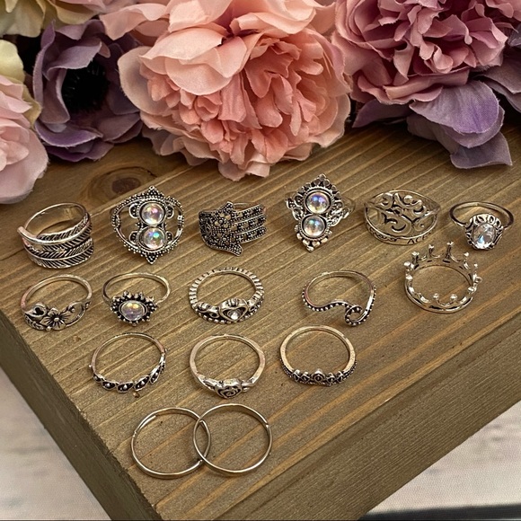 16 Pcs Boho Black & Silver Crystal Gem Ring Set - Picture 7 of 14